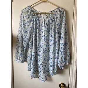 Lauren Conrad Floral Blouse Womens Large White Blue Green Sheer Button‎ Up
